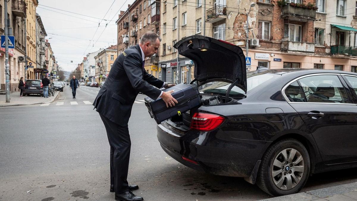 Chauffeur in a dark suit loading two large suitcases into the boot of a sedan before an intercity transfer