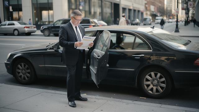 Chauffeur checking route documents beside a black sedan before departure